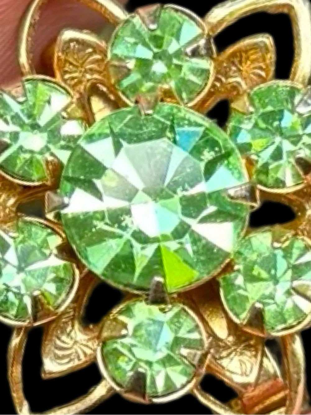 Vintage Uranium Glass Flower Brooch UV Reactive Peridot Rhinestone